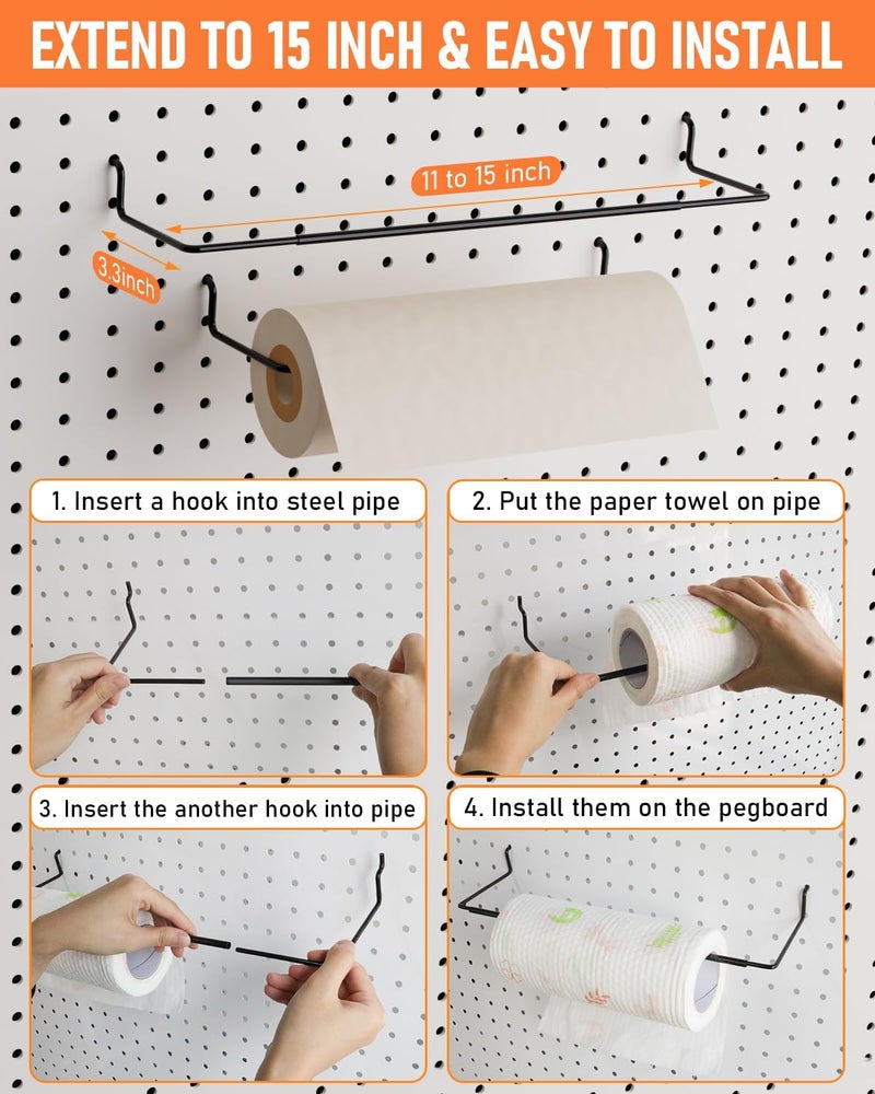 INCLY 276PCS Extra Thick 1/4" Pegboard Accessories Organizer Kit, Heavy Duty Black Pegboard Hooks with Bins & Paper Towel Holder, Peg Board Hook Assortment for Garage Wall Attachments Hanging Tools - Image 5